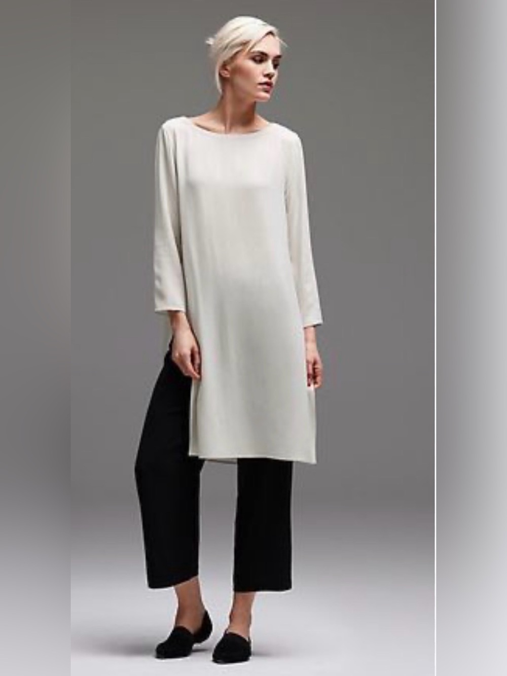 Eileen Fisher Minimalist Silk Cream Long-Sleeve Tunic Dress Size S
